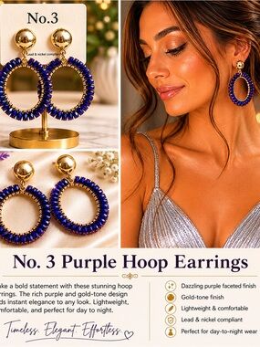 No. 3 Purple Hoop Statement Earrings | Gold Tone & Purple Faceted Hoop Earrings